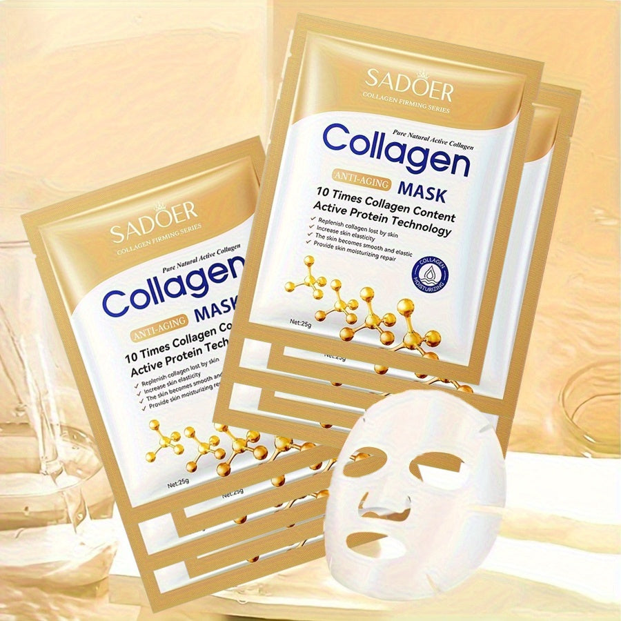 10-pack of SADDOER collagen facial masks suitable for all skin types, providing anti-aging, moisturizing, and firming benefits.