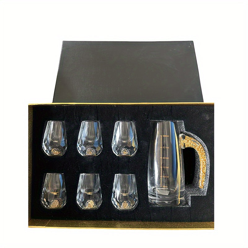 Elegant Crystal Whiskey Glass Set with Golden Foil Accents - Includes 6 Old Fashioned Glasses and Decanter, High-Quality Glassware for Scotch, Bourbon, Vodka, Presented in a Premium Gift Box (6 Glasses + 1 Carafe)