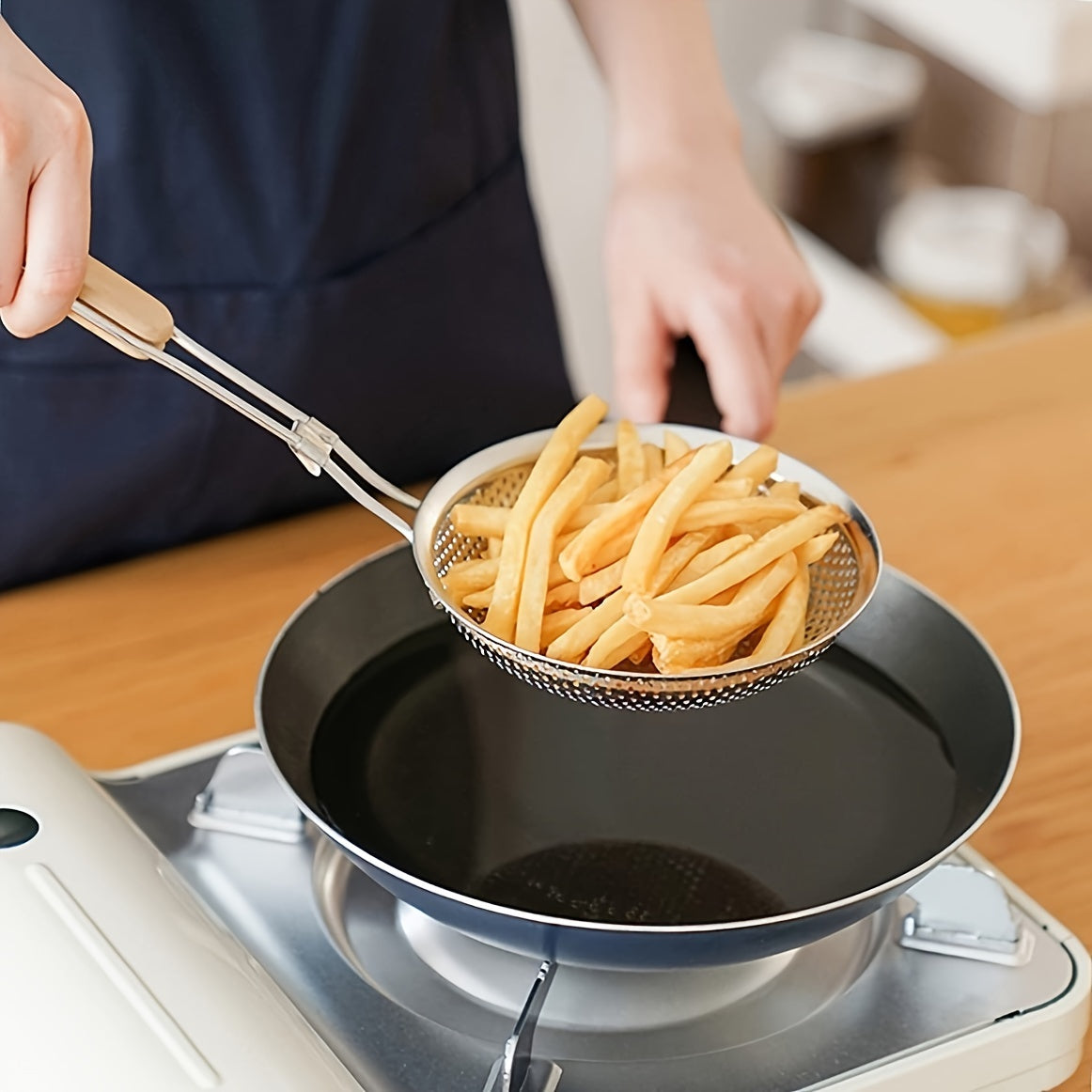 Top-quality Stainless Steel Colander with Wooden Handle - Strainer Spoon with Fine Mesh for Cooking, Meal Preparation & Oil Straining - Great for Spaghetti & Ramen, Excellent for Household and Dining Establishments.