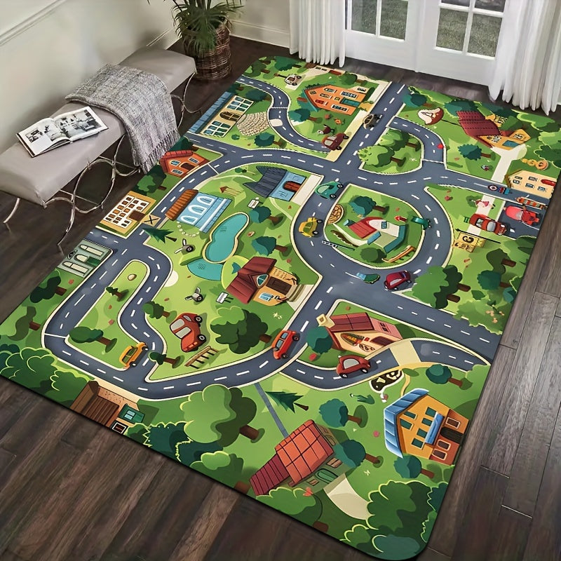 Green cartoon village design carpet suitable for use in children's rooms, bathrooms, kitchens, living rooms, bedrooms, interior doors, and entryways. The carpet has a thickness of 8mm and can be machine washed. Ideal for adding a decorative touch to your