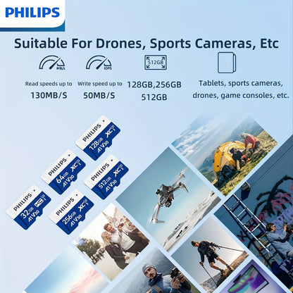 PHILIPS Micro SD card, ideal for 4K recording, monitoring, security cameras, action cameras, and drones. Features 130Mb/s read speed and UHS-I V30 Class 10 compatibility.