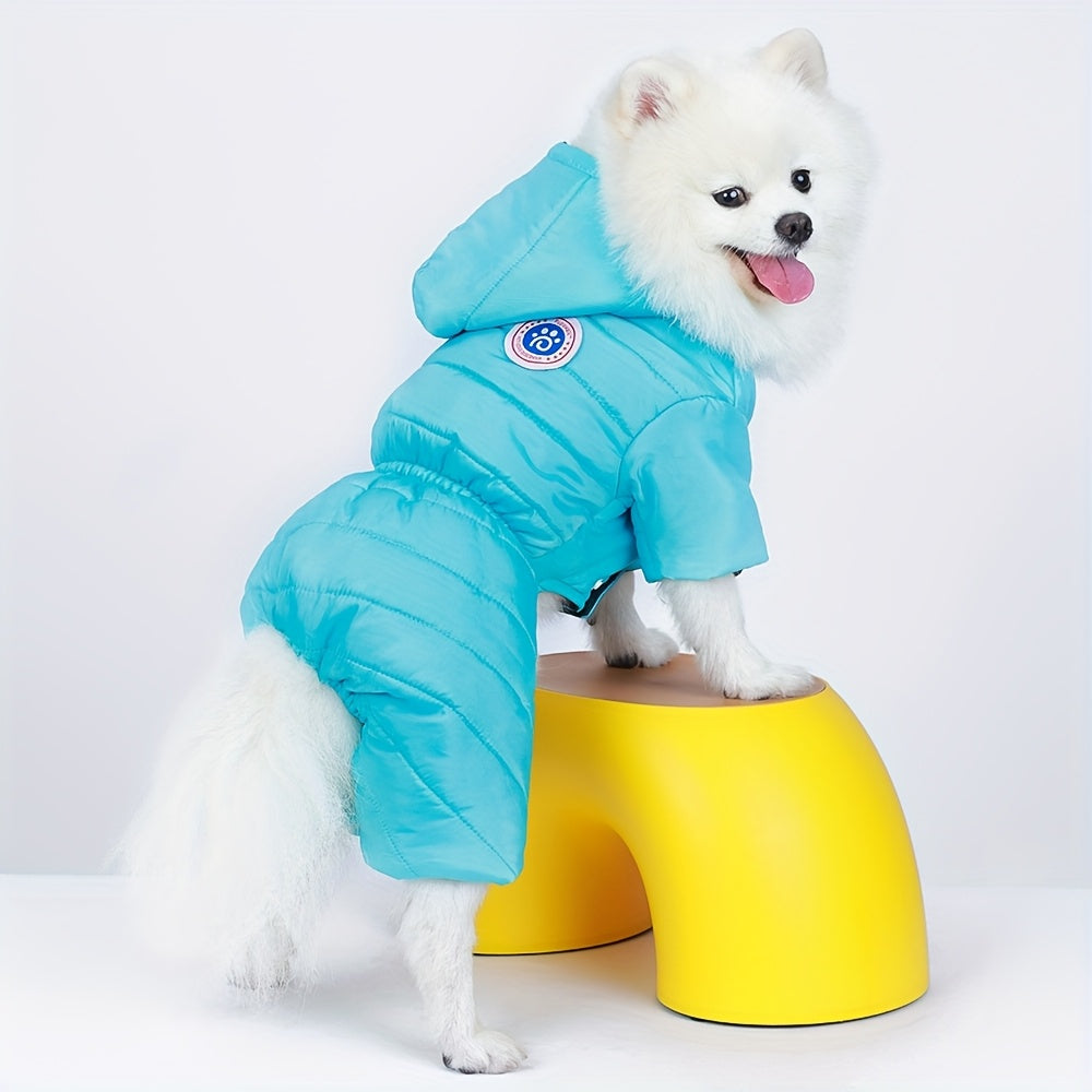 Winter dog jacket for small to medium breeds - waterproof, warm, and windproof with anticold insulation. Yellow hooded design with soft polyester lining. Machine washable.