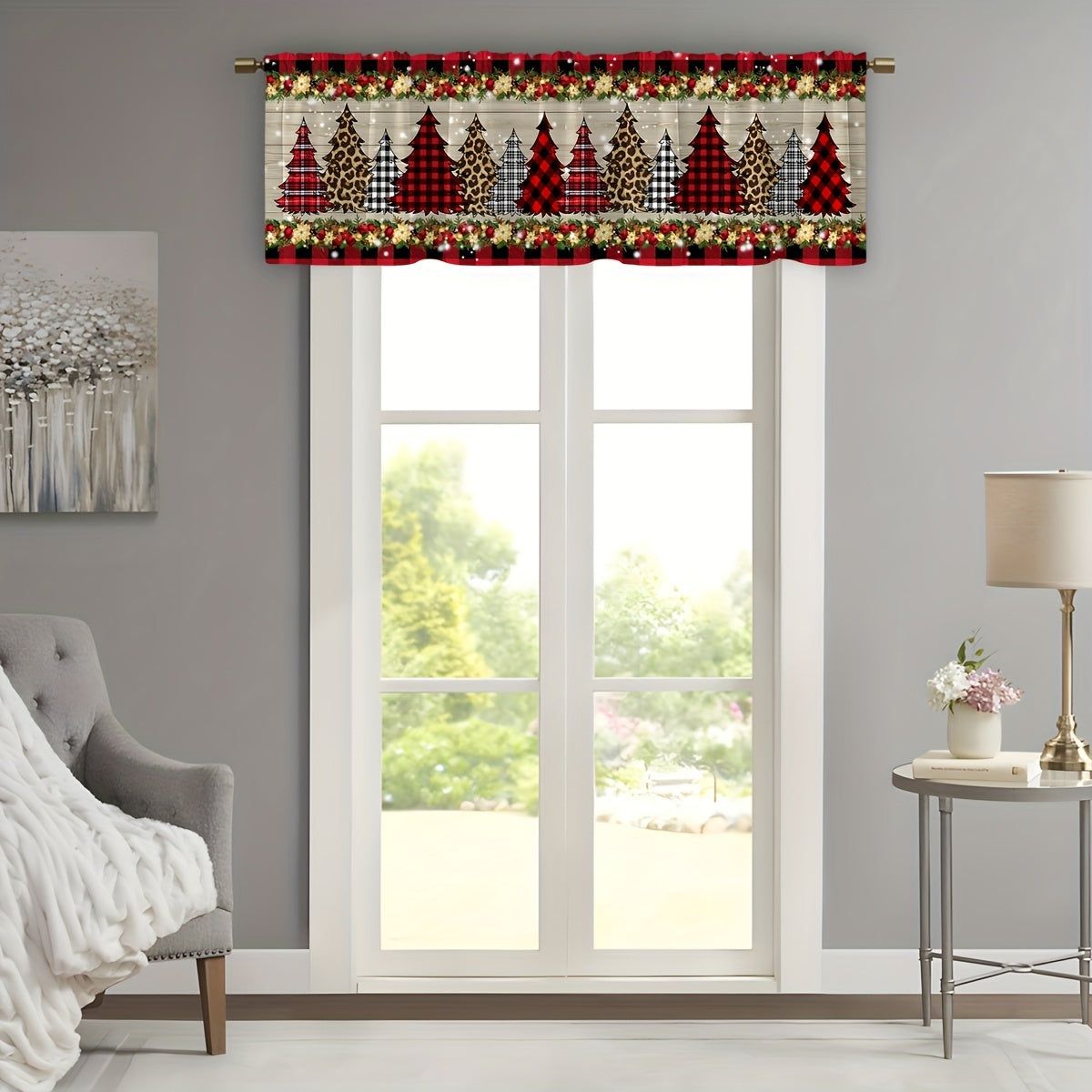 Get into the holiday spirit with our Christmas-themed kitchen valance curtain! This modern brushed fabric window treatment features a festive pine tree and ornament print. The twill weave light-filtering panel is perfect for adding a touch of Christmas