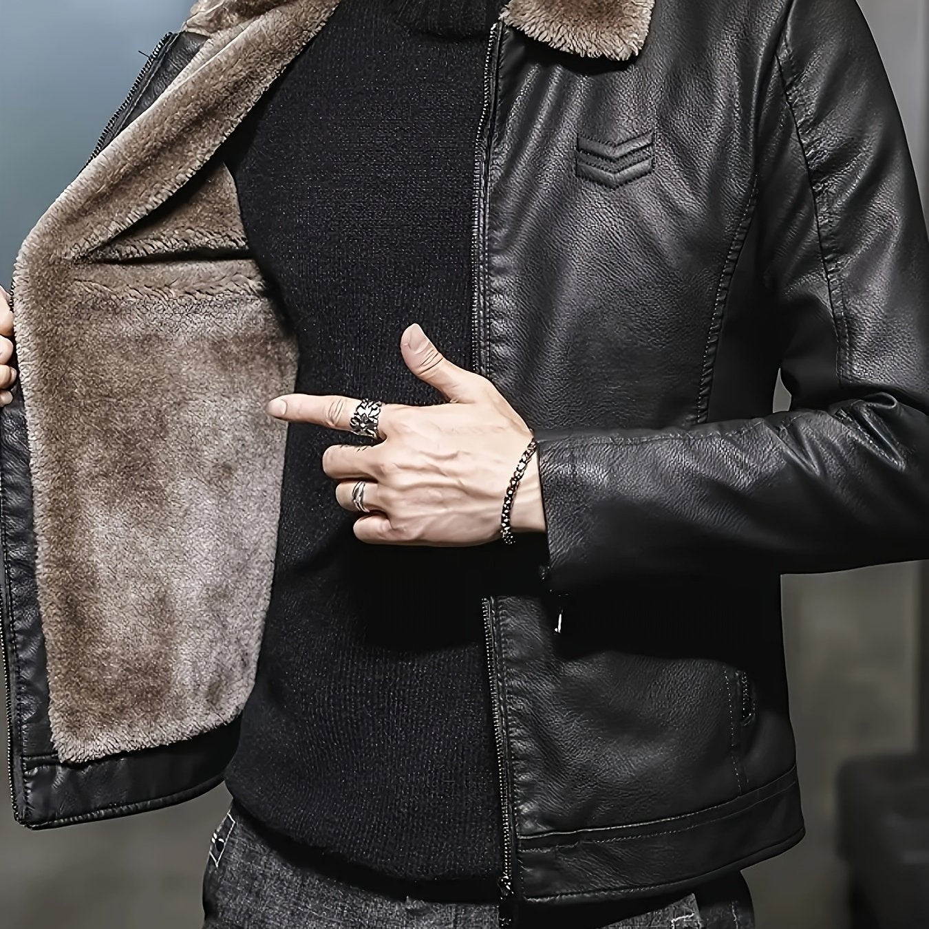 Men's winter casual jacket with faux fur collar, zippered pockets, and polyester lining.