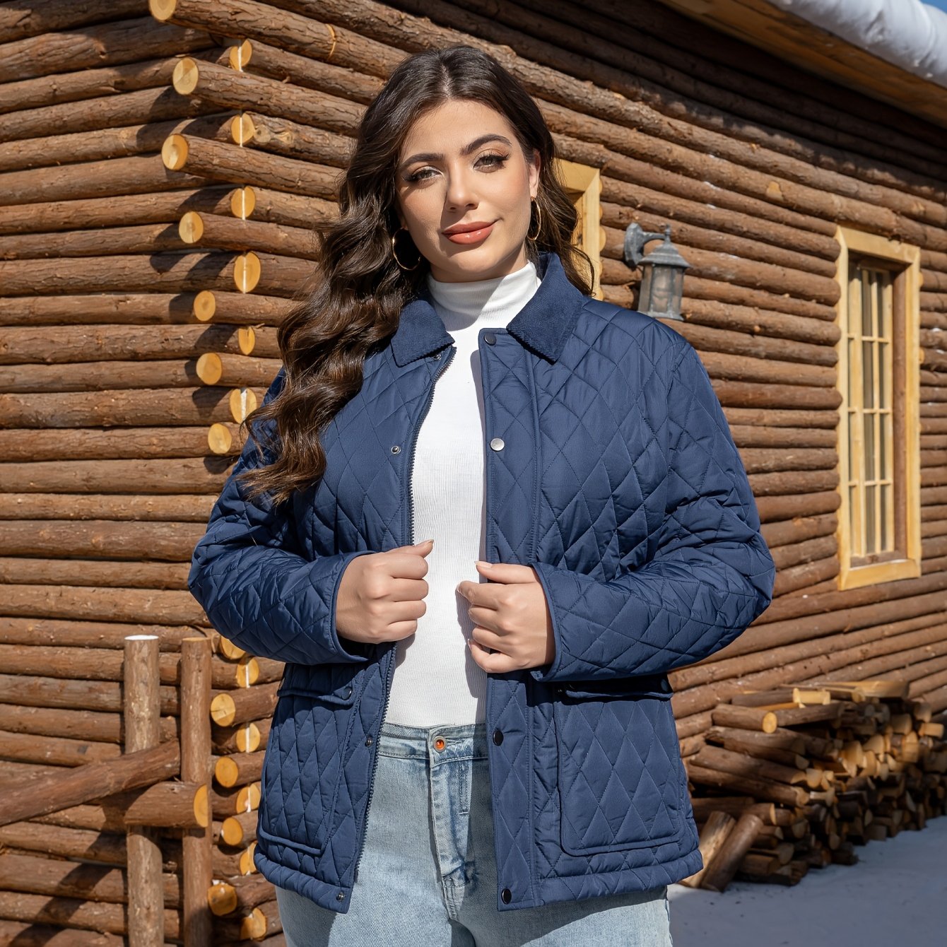 Stylish plus size lapel jacket in warm polyester with pockets for fall/winter. Quilted design, machine washable, and durable for everyday wear.