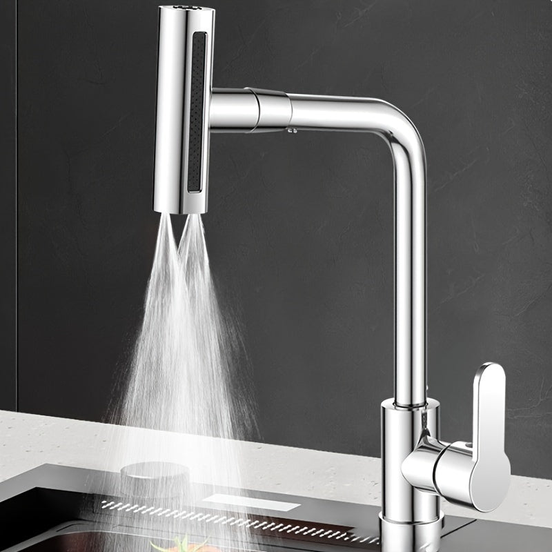 Commercial kitchen faucet with sprayer, rotary spout, and durable single-handle mixer. Space-saving design for various locations including farmhouses, caravans, stores, and modern kitchens.