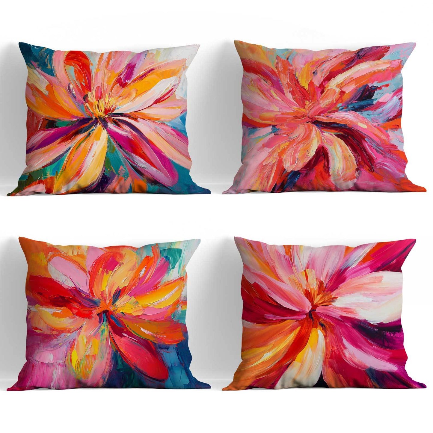 A collection of 4 modern floral throw pillow covers, featuring a fantasy theme. Made from machine washable polyester with a zipper closure. Inserts are not included, suitable for all-season comfort and perfect for Christmas décor, as well as use in the