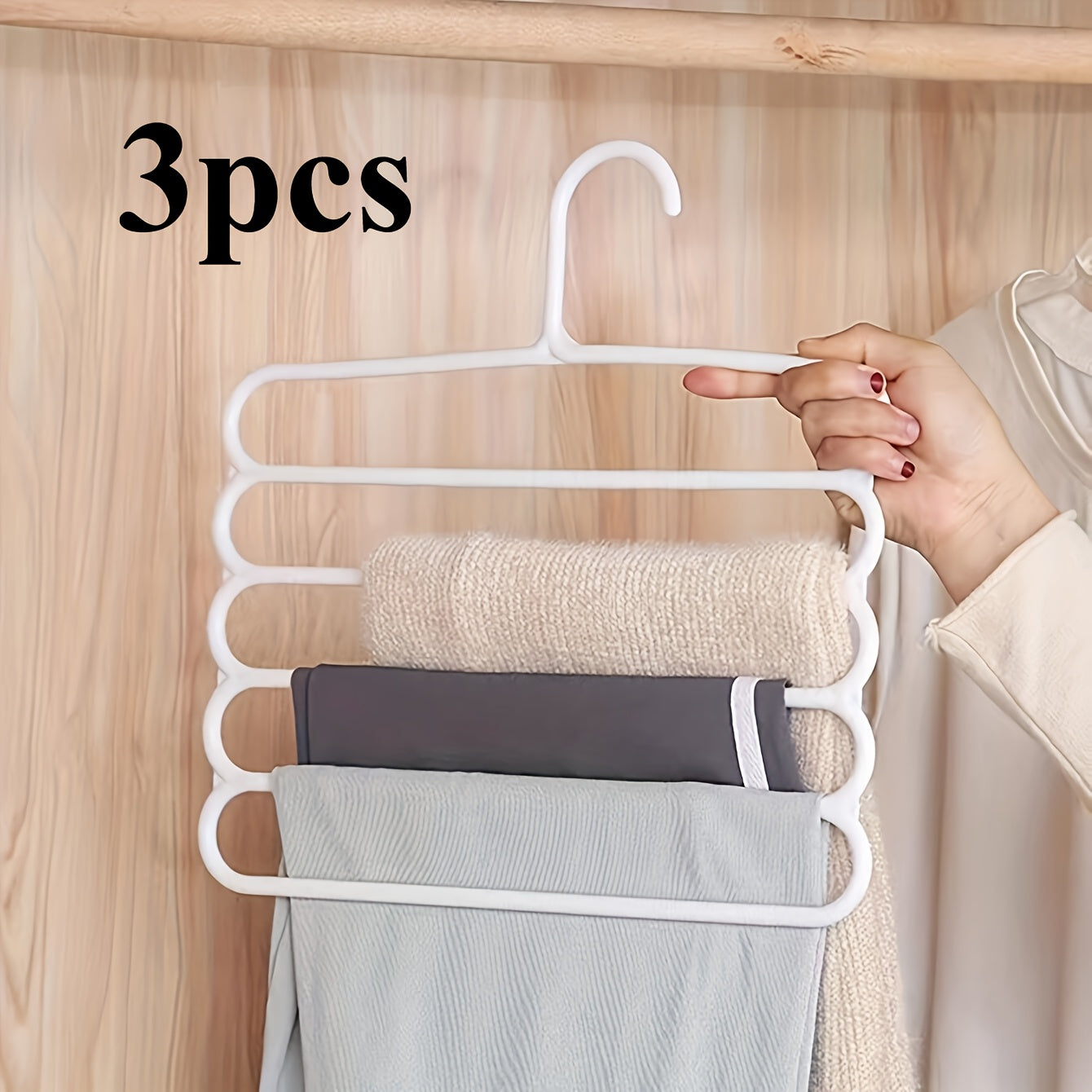 3pc white plastic pants hangers with 5 layers for organized wardrobe storage, anti-slip design, and scarf hanging rack.