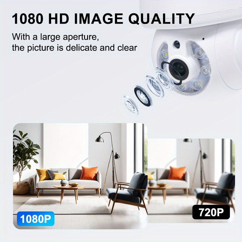 2MP WIFI wireless light bulb camera with intelligent safety features. This indoor and outdoor camera is equipped with 2.4GHz WiFi connectivity and fits in a standard E27 light bulb socket. The PTZ function allows for full 360 degree rotation, making it