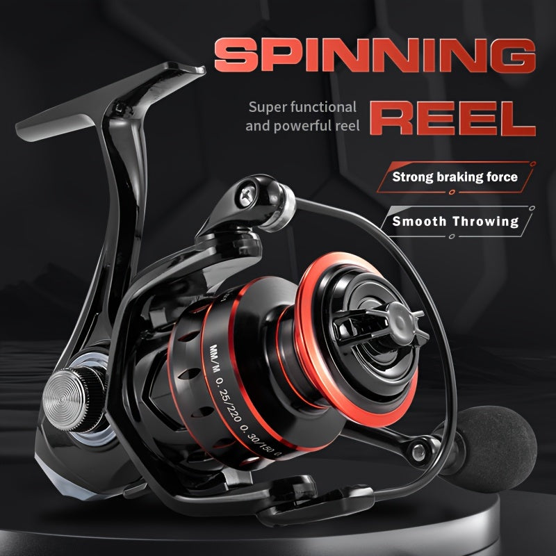 Rooblinos 17+1BBB spinning fishing reel features an ergonomic handle, durable nylon & metal construction, ambidextrous design, and is suitable for freshwater & saltwater fishing.