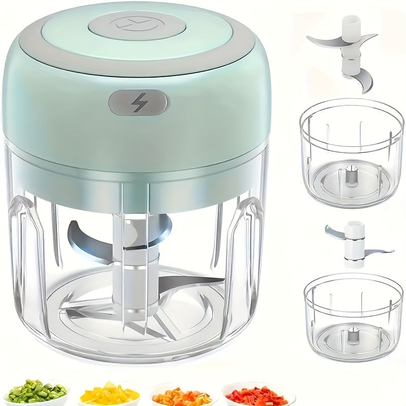 Electric mini garlic chopper that can crush ginger and vegetables, with USB meat grinder and sturdy build, 100/250ml capacity, ideal for kitchen use.