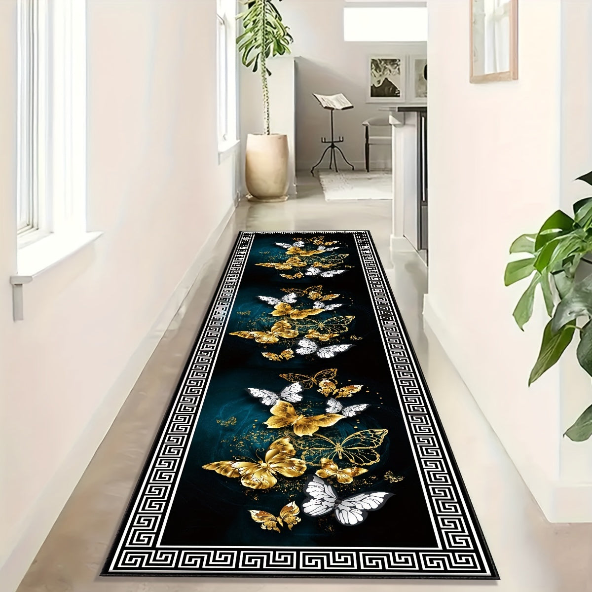 Add a touch of elegance to your home with our Elegant Black & Golden Butterfly Pattern Runner Mat. Made from soft and non-slip machine washable polyester, this mat is perfect for hallways, entryways, and bedrooms. Available in three sizes: 49.99x79.98cm