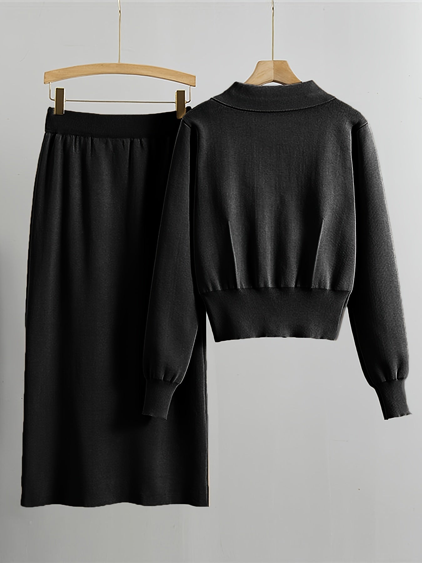 Women's viscose blend co-ord set with lapel collar long sleeve knit sweater and skirt. Solid color with fake button details.