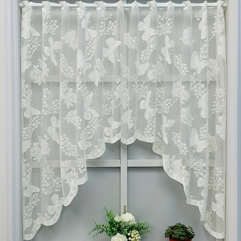 Elegant White Lace Butterfly Floral Curtain - Designed with UV Protection, Rod Pocket for Easy Hanging in Kitchen & Living Room Décor