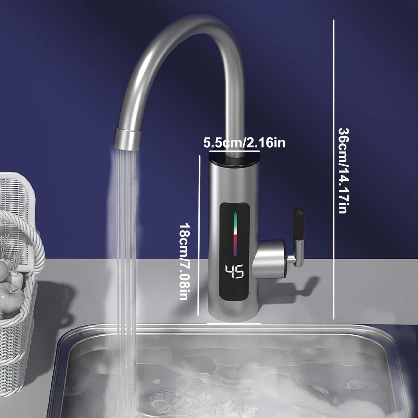 Sleek stainless steel hot water tap with LED display, 3000W power, overheat protection, dual hot/cold mode, ideal for kitchen & bathroom, European plug included.