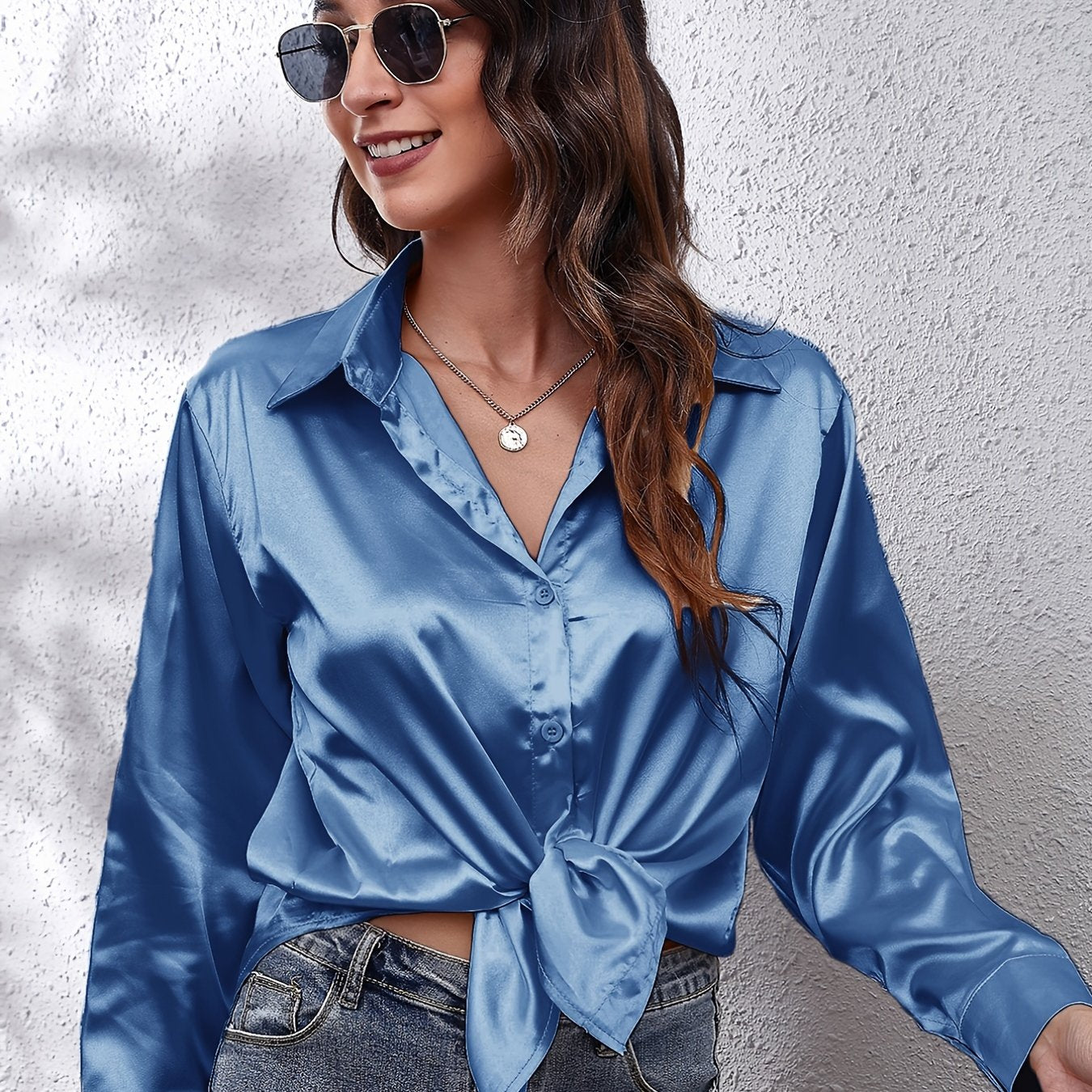 Women's Elegant Satin Shirt with Lapel Collar, Polyester, Solid Color, Regular Length, Single Breasted