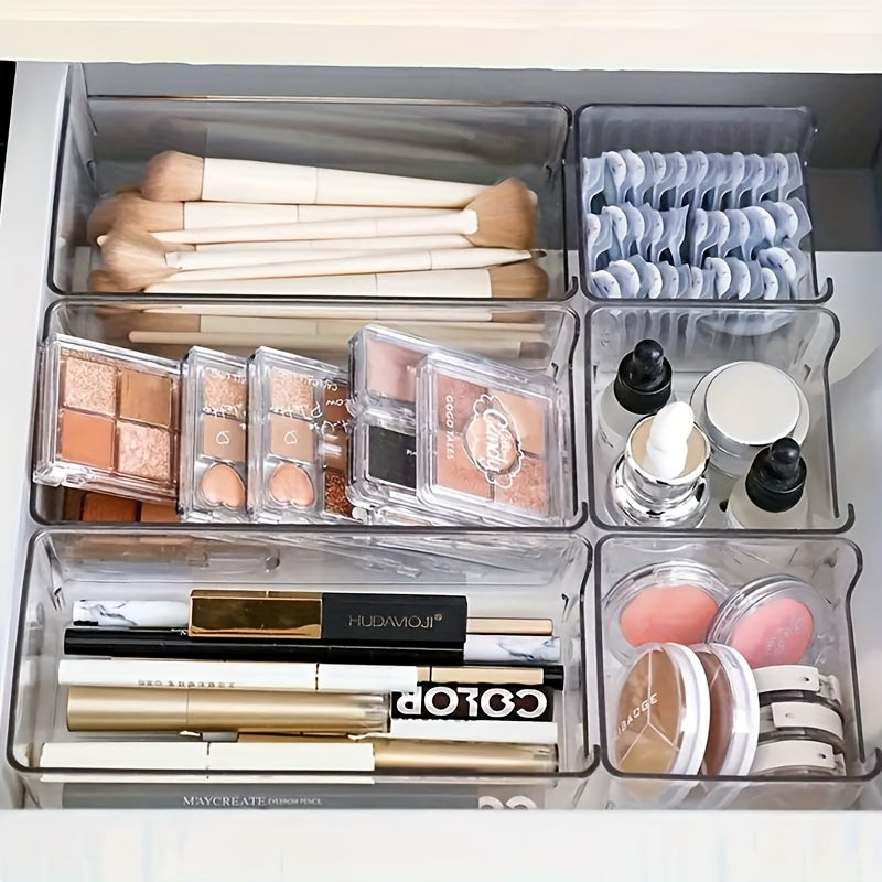 7pcs Clear Plastic Makeup Organizer Set for Countertop with Stackable Drawer Dividers. Easy assembly, power-free operation. Sleek and durable storage solution for cosmetics and office