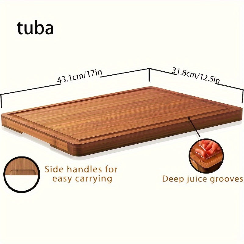 This spacious bamboo charcuterie board features convenient side handles and ample juice grooves, making it ideal for serving meats, cheeses, and deli items in the kitchen.