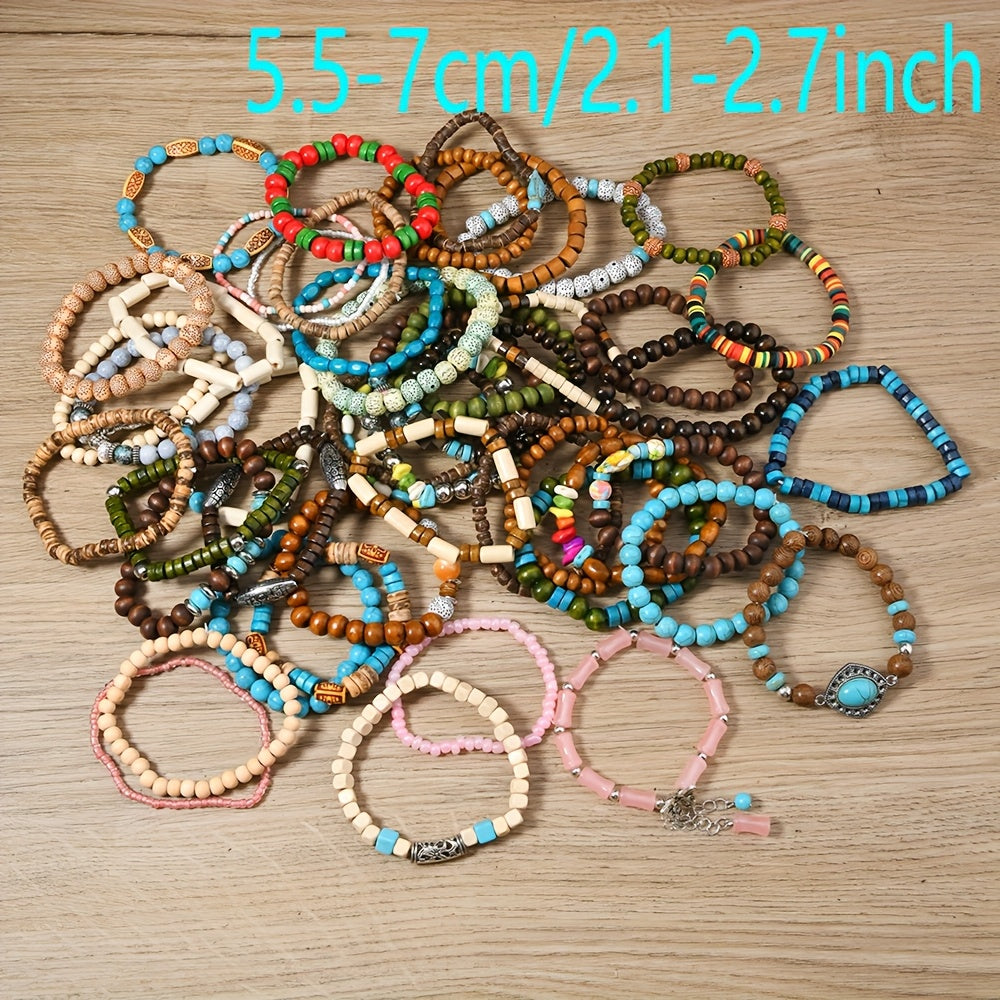 Set of 12 or 24 Autumn/Winter Mixed Pack Stackable Elastic Wire Bracelets for Women, Handmade with Outdoor Splicing of Wooden Beads for a Combination Hand Ornament.