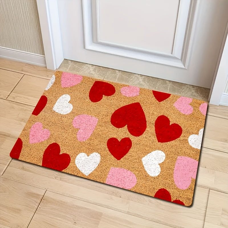 Valentine's Day Heart Door Mat - This machine washable, stain-resistant mat made of low pile polyester is perfect for indoor or outdoor use. Featuring a romantic red, pink, and white design, this easy-to-clean, machine-made rectangle rug is ideal for