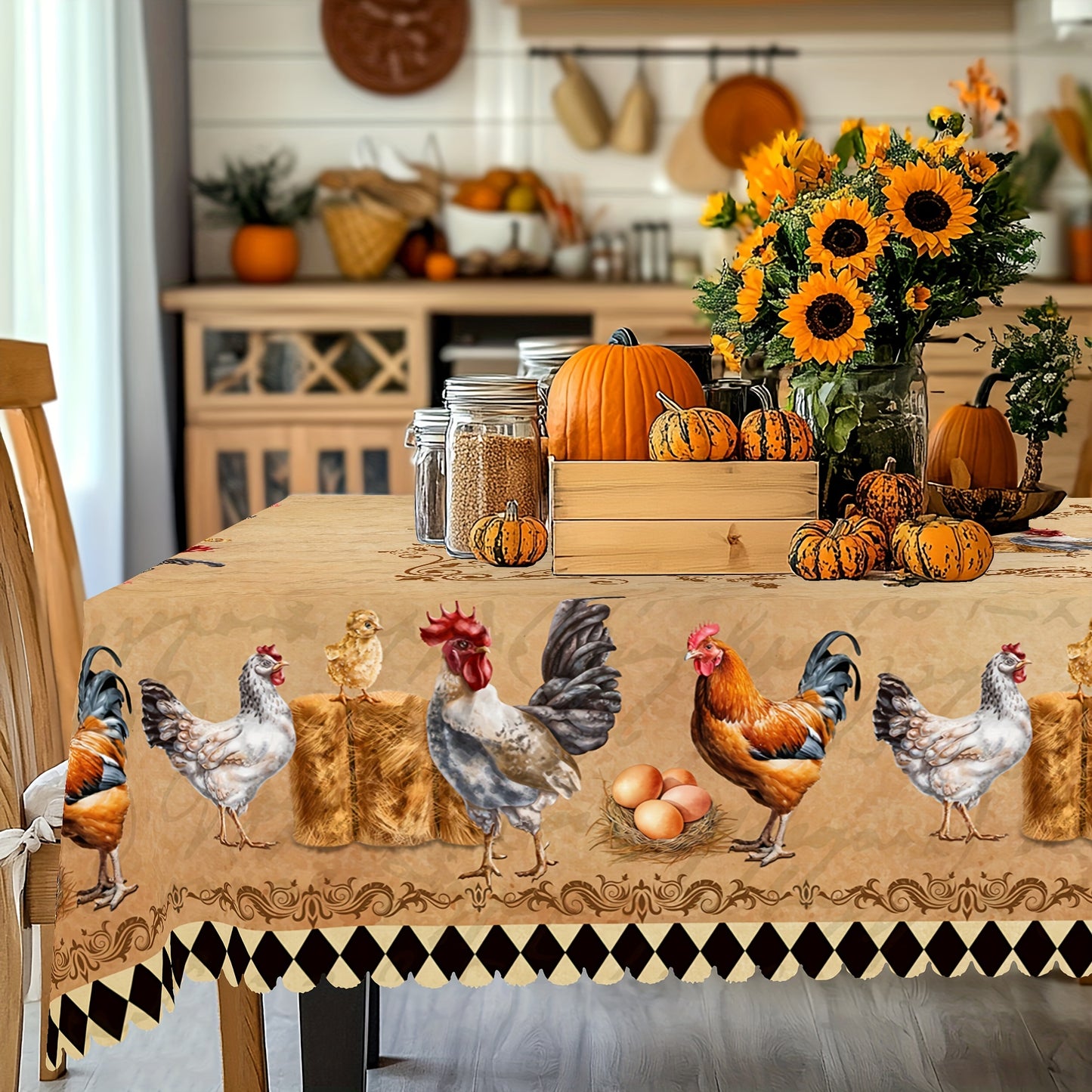 Retro farmhouse tablecloth featuring rooster, chick, and egg prints for daily use in homes, restaurants, terraces, picnics, and courtyards. Suitable for indoor and outdoor settings. Great gift for family and friends.