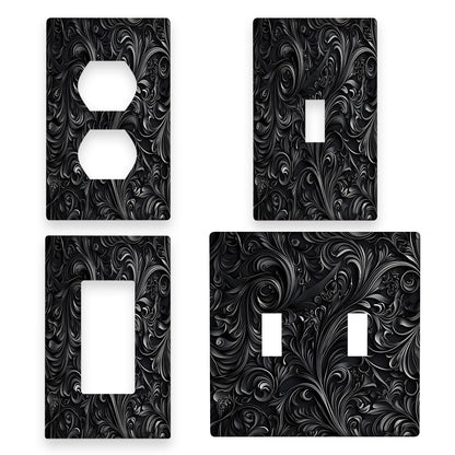 Elegant black floral print wall plate for switch & outlet cover. Easy install with no wiring needed. Perfect for kitchen, office, or hotel.