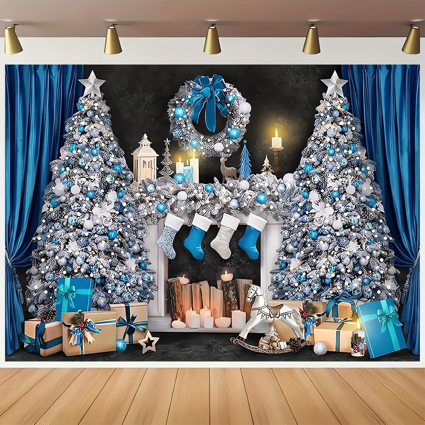 Retro Blue and White Christmas Mantelpiece Scene with Presents and Tree - Ideal for Photo Booths, Events & Decorating Your Home