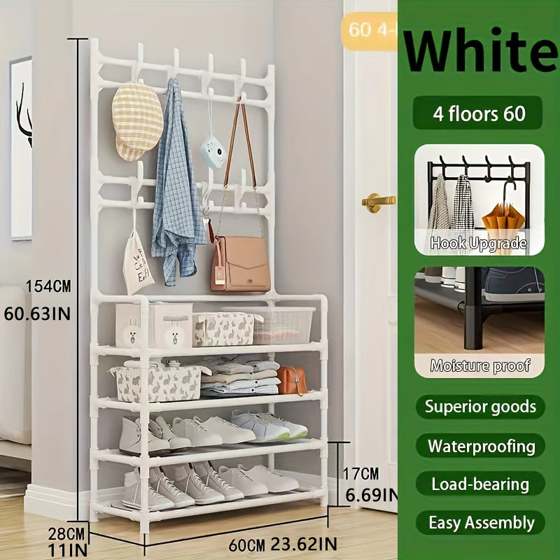 Metal entryway storage rack with shoe shelves, tier organizer, removable hooks, coat and hat stand for front door entry, for clothing, shoes, hats, bags, and umbrellas - in white and black.