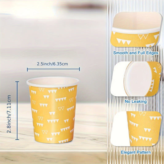 Disposable paper cups with a 5-ounce capacity that are high-quality, leakproof, and BPA-free. Perfect for parties, picnics, BBQs, and travel. Features a stylish blue and green geometric design.