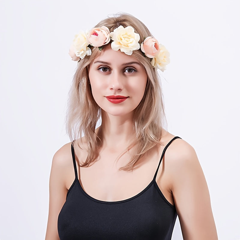 Rose Hairpin Holiday Wreath Hair Band with Simulation Flowers, Headpiece Flower Crown Headband, Floral Wedding Bridal Hair Hoop