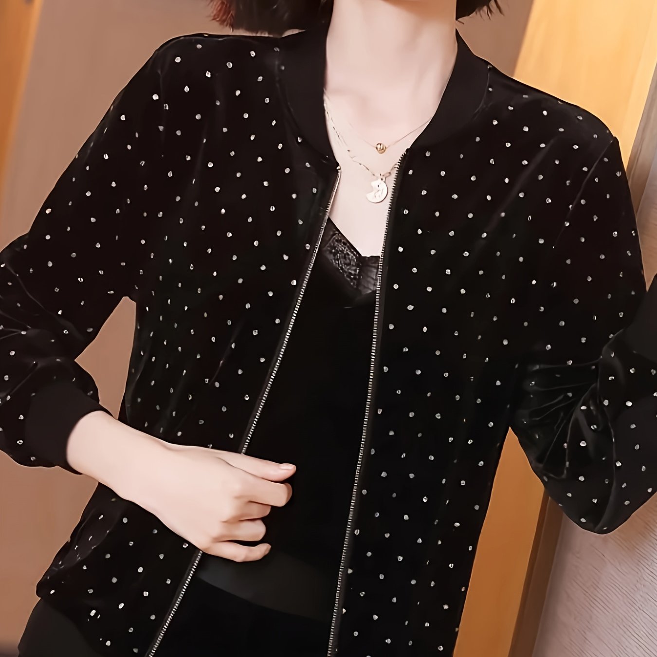 Lightweight women's bomber jacket with rhinestone dot design, zip-up, long sleeve, sun protection for Spring & Fall.