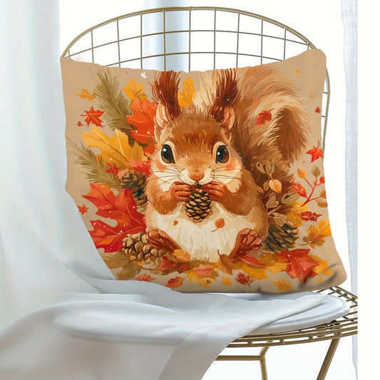 Autumnal squirrel pillow cover with sunflower and maple leaf design, suitable for home decor, 44.96cm x 44.96cm, no pillow insert included.