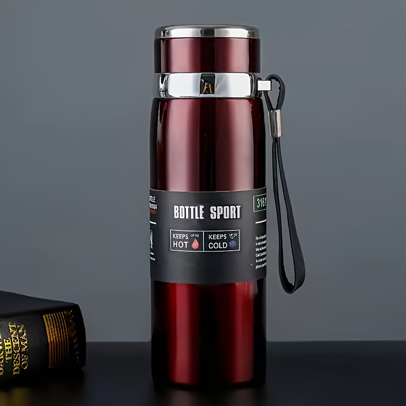 Large capacity travel kettle for outdoor sports made of 316 stainless steel, with an insulated cup and portable strap.