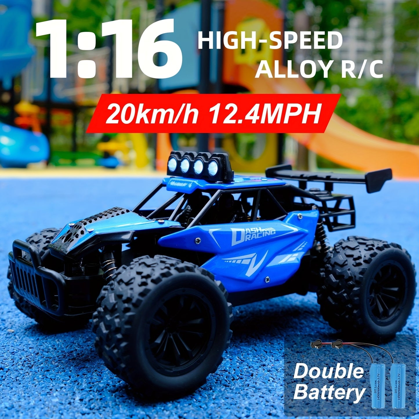 K.K 1:16 Scale High-Speed RC Truck with Alloy Body, Double Battery, and 20 km/h Speed. Includes 2.4G Remote Control in Blue & Black Design. Ideal Gift for Boys and Girls.