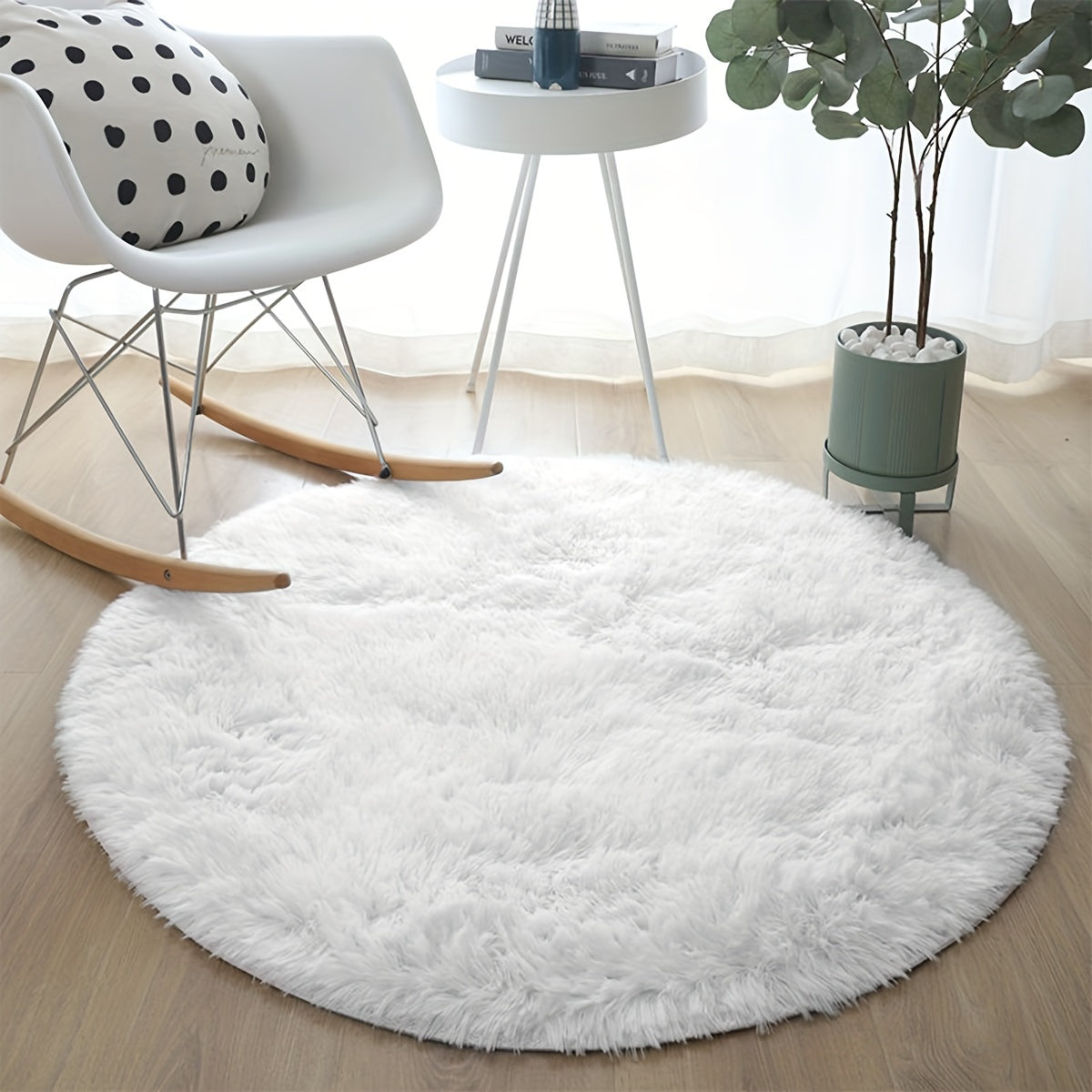 Indulgent Pure White Silk Circular Rug - Soft, Non-Slip & Easy-to-Clean Polyester Rug for Living Room, Bedroom, Yoga | Luxurious Medium-Pile Mat with Tray for Home Decor, Living Room Carpet