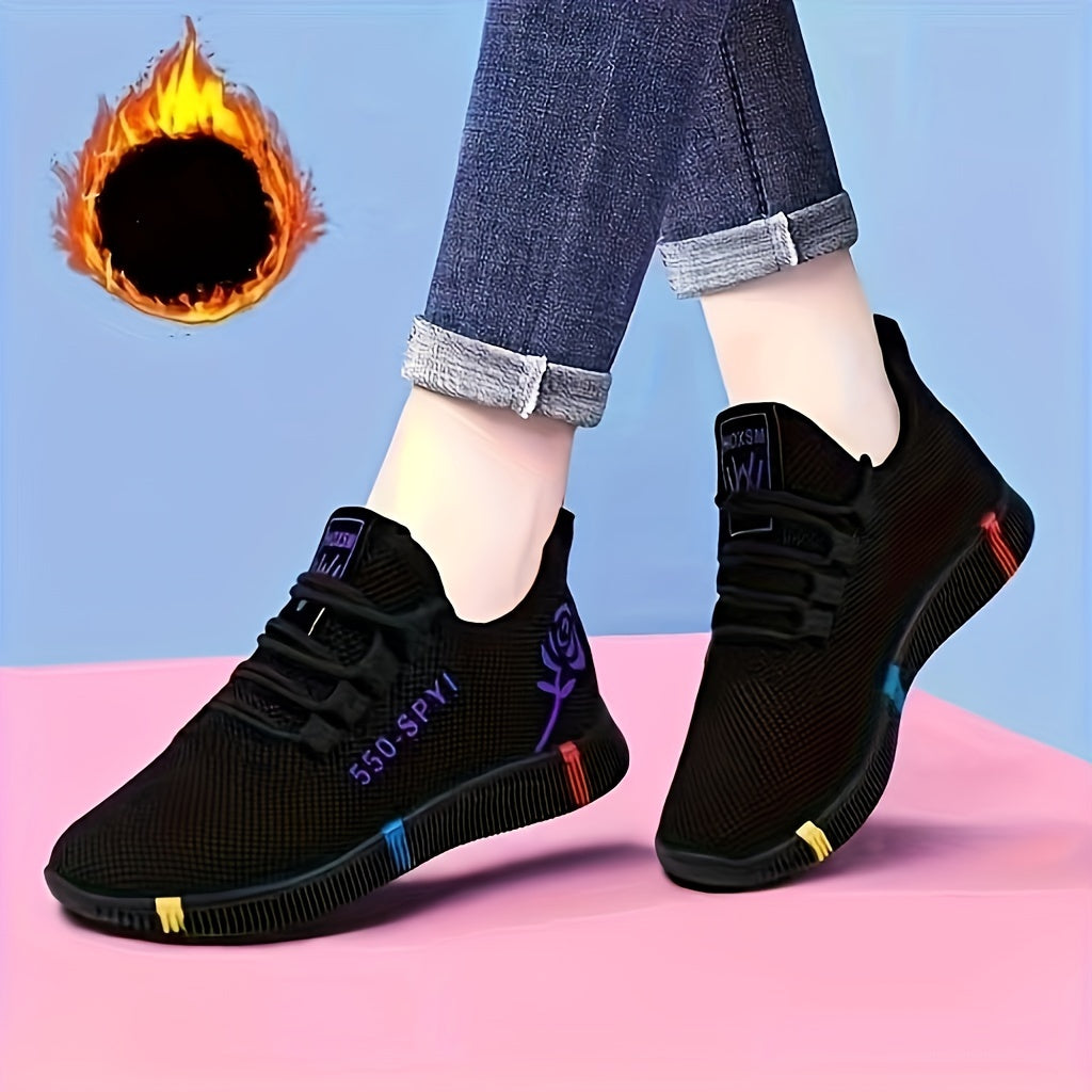 Colorblock knit sneakers for women, lace-up low-top with round toe, breathable and comfy for casual outdoor activities.