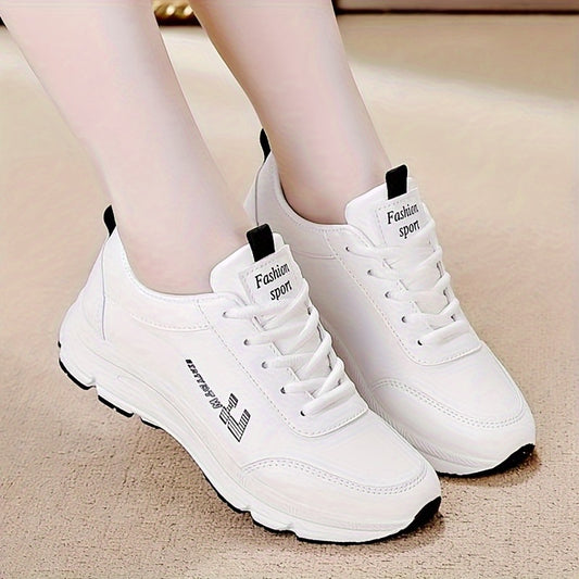 Women's White Lightweight Chunky Sneakers with Soft Rubber Sole, Lace-Up Low Top, Perfect for All Seasons, Casual Dad Shoes.