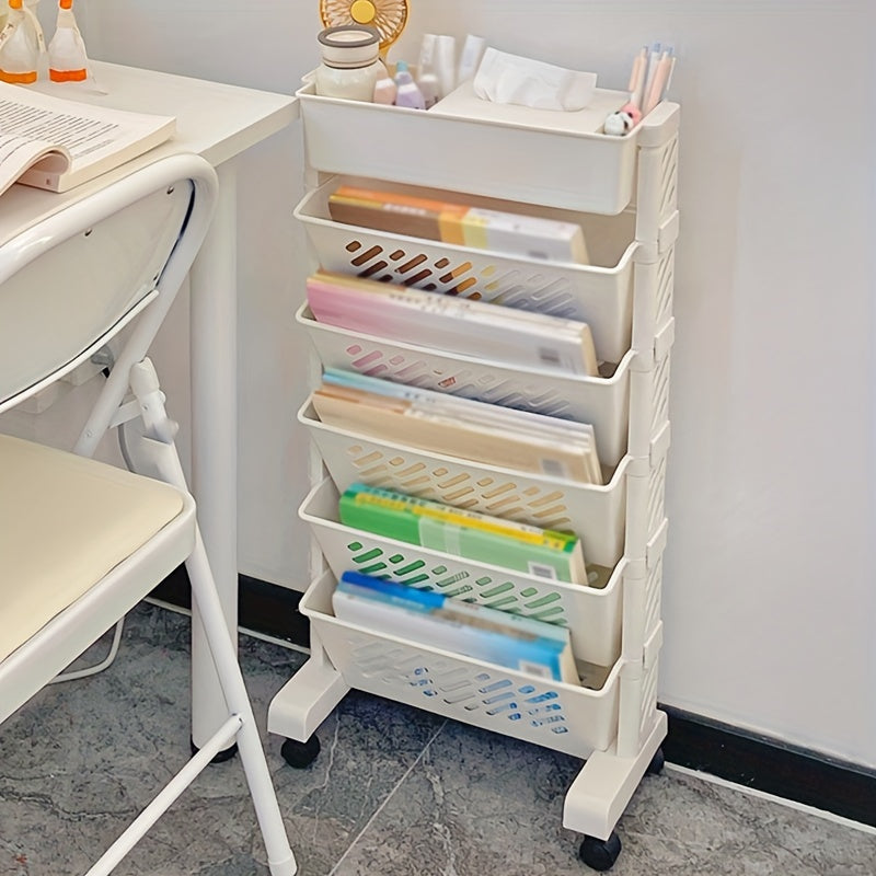 White plastic storage shelf with 5 or 6 layers for organizing items in office.