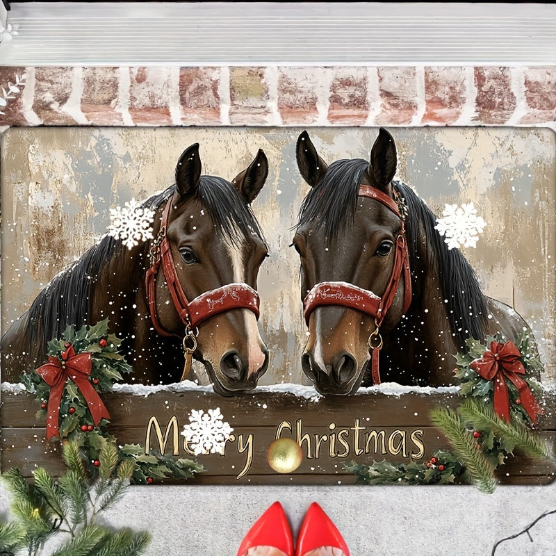 Festive Holiday Christmas Horse Doormat for Kitchen or Living Room - Non-Slip, Washable, Water-Resistant, Lightweight, Machine Made with Flat Woven Polyester and Low Pile Texture