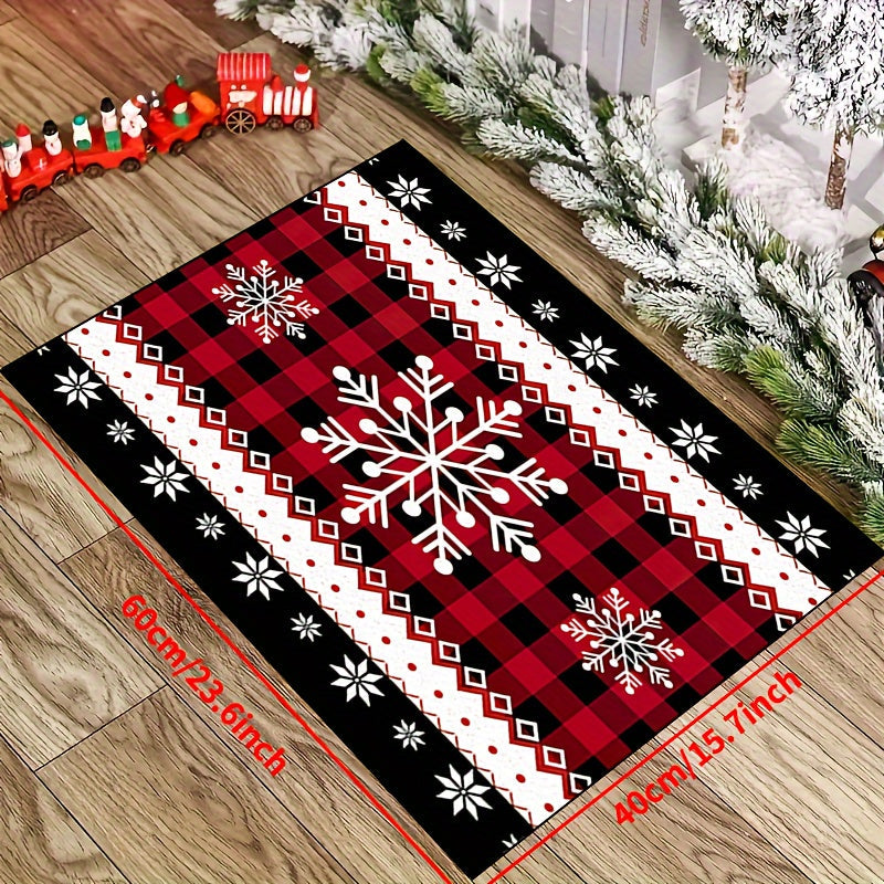 Christmas Snowflake Runner Rug in Festive Design, Non-Slip Polyester Tapestry, Machine Washable, Perfect Holiday Decor for Entryway, Living Room, Bedroom, Outdoor Patio, Garden - Features Black and Red Grid Design