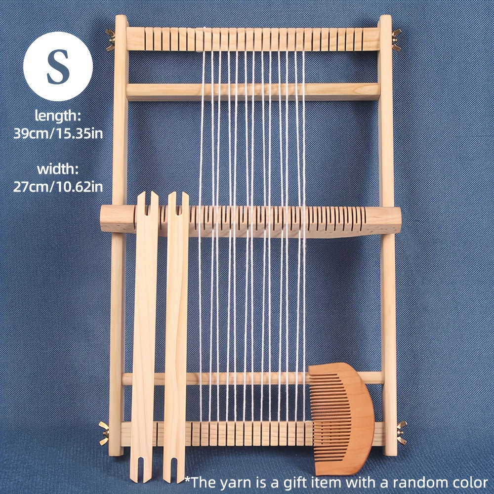 Handmade wooden weaving loom kit for DIY projects, includes shuttle and beaters. Perfect for creating tassel tapestries and carpets without electricity. Ideal for home decor crafting.