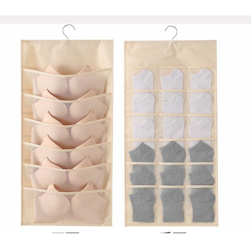 One-piece Closet Hanging Organizer featuring Mesh Pockets and Rotating Metal Hanger. This Dual-Sided Wall Shelf Wardrobe Storage Bag is made of Oxford Cloth, perfect for saving space for bras, underwear, underpants, and socks.