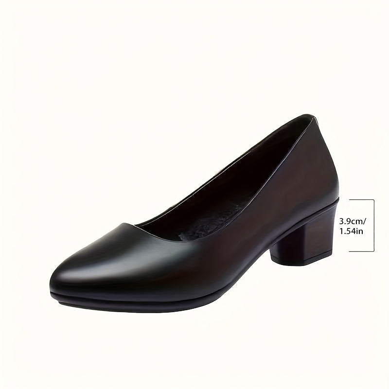 Women's black pumps with mid heel, plain toe, block heel, fabric lining, durable sole, all-season footwear.