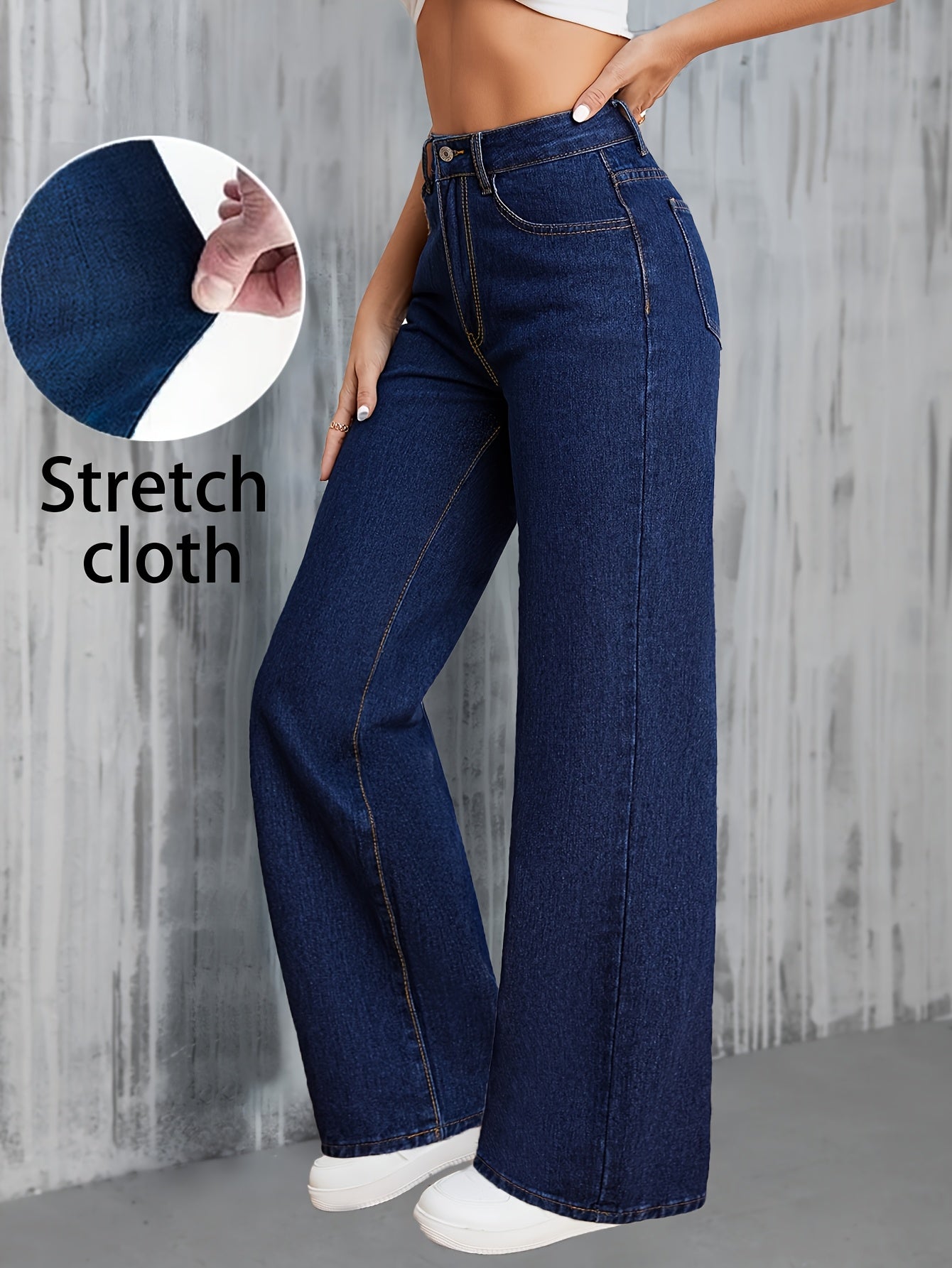 High-waisted wide leg jeans for women, preppy style, solid color denim with button fly closure and washed detail, loose fit for all-season casual wear.