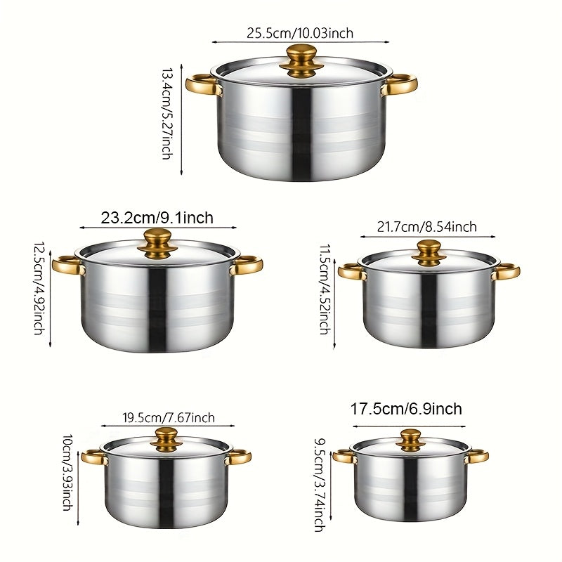 Набор посуды из нержавеющей стали с двойными ручками - включает 5 кастрюль и крышек, отлично подходит для супов, хот-пота, лапши и многого другого - высококачественные кухонные принадлежности - набор из 10 предметов