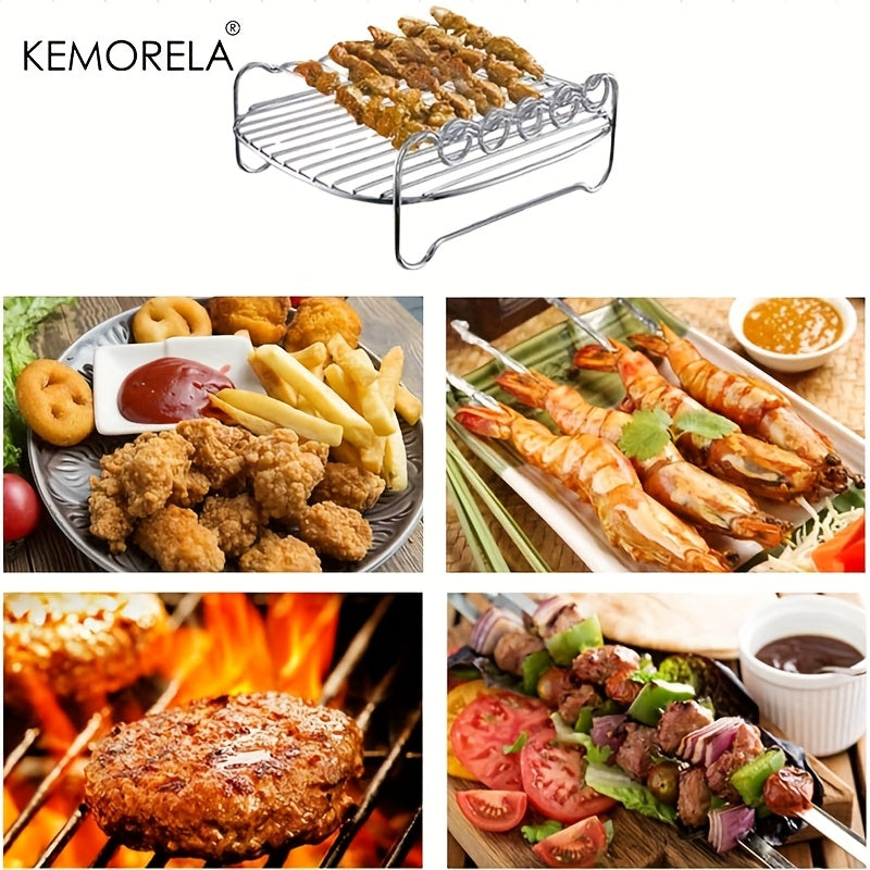 The KEMORELA Air Fryer Rack is a versatile set of 6 accessories designed for use in air fryer ovens. This double-layer rack includes skewers, a baking tray, a replacement BBQ rack, and a bacon fries chicken vegetables baking rack. Compatible with popular