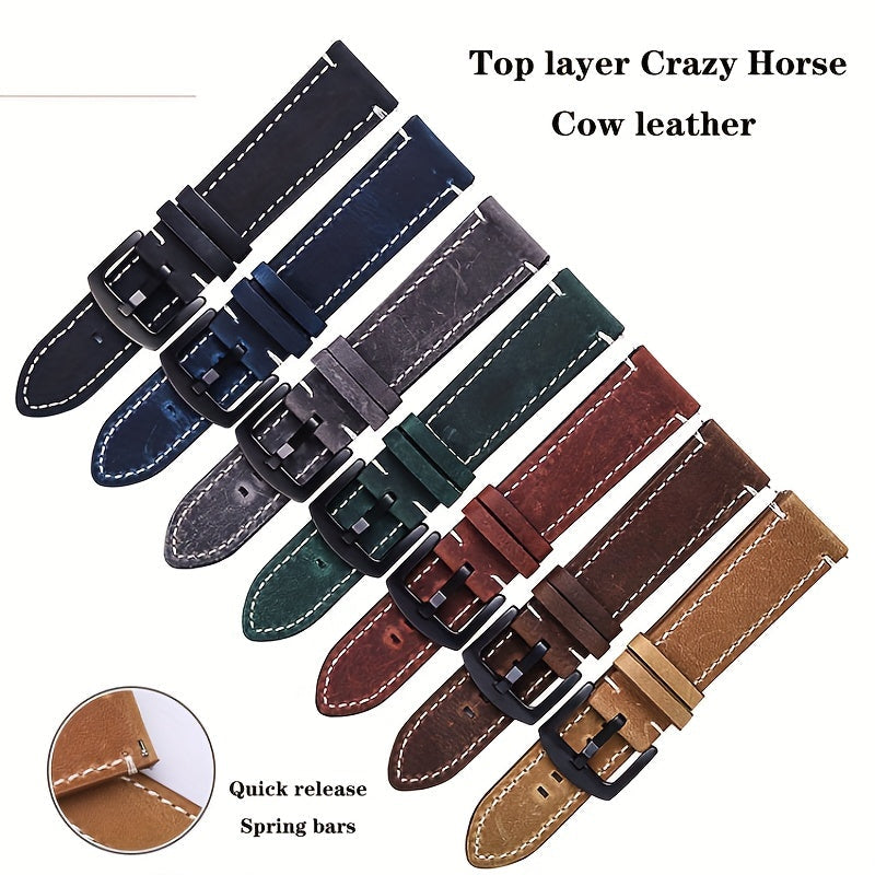 Retro Top Layer Cow Leather Watch Band with Quick Release Strap, Switch Spring Bar, and Black Buckle in 20mm, 22mm, or 24mm - Perfect Gift Choice