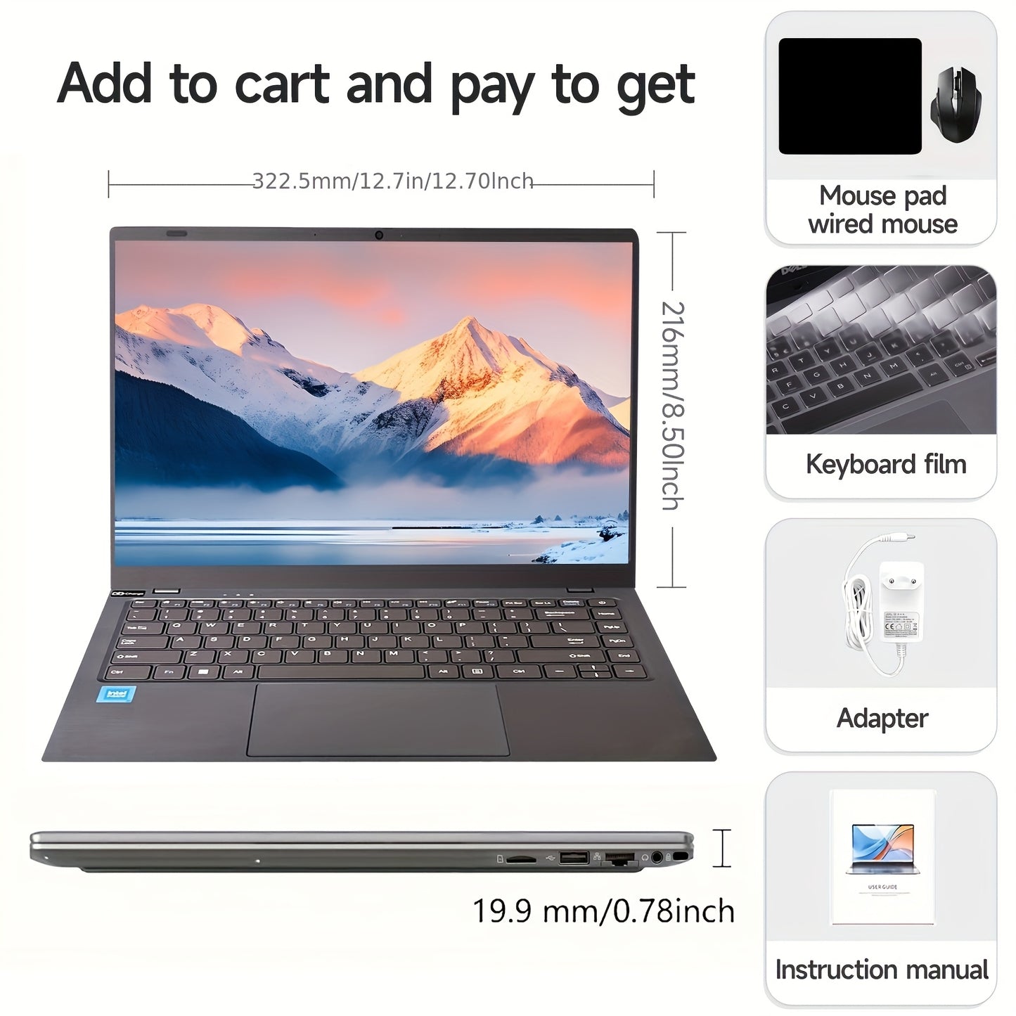 14-Inch Intel Celeron N4000 business laptop with 8GB RAM, 256GB SSD, FHD display, Wifi, USB, camera, Qwertz keyboard, and rechargeable battery. Ideal for office, entertainment, and online