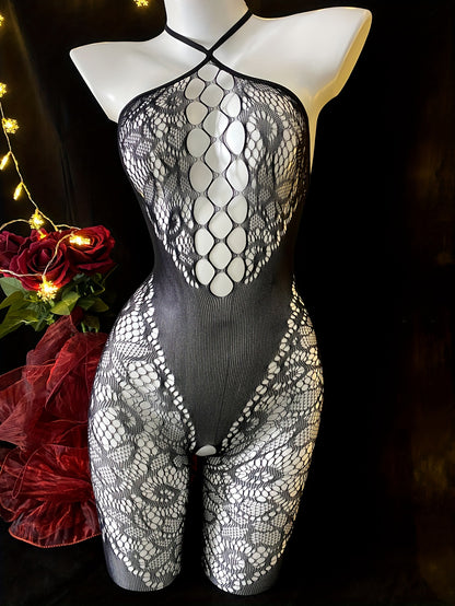 Sleeveless lace bodysuit with fishnet detail made of sheer nylon and elastane. Features high-stretch fabric and chic hollow-out design. Hand washable. For women.