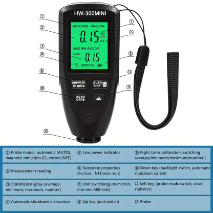 Shawty Automotive Paint Thickness Gauge is a high-accuracy meter with ABS clear display and auto substrate identification, powered by non-rechargeable AAA battery, making it ideal for used